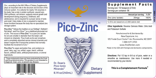 Pico-Zinc - Roztwór cynku | Piko-jonowy cynk w płynie od Dr. Dean - 240ml